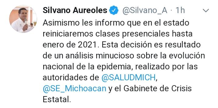 En Michoacán, clases presenciales hasta enero de 2021: Silvano