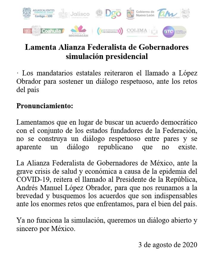 Reitera Alianza Federalista, necesidad de reunión con AMLO; hay “simulación presidencial”