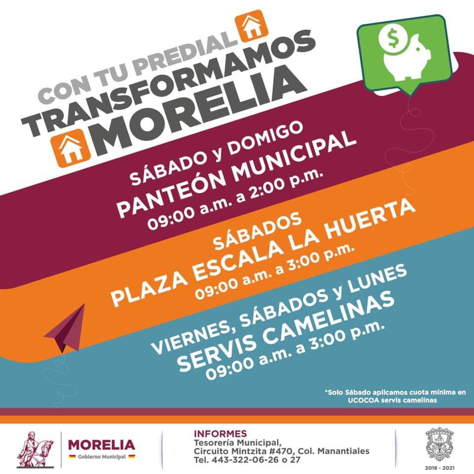 Gobierno de Morelia invita a pagar predial también en fin de semana