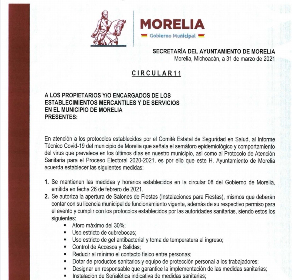 Dispone Gobierno de Morelia de nuevas medidas ante contingencia sanitaria