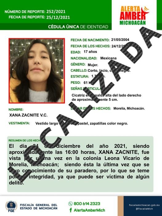 Localiza Fiscalía General a una adolescente reportada como desaparecida en Morelia