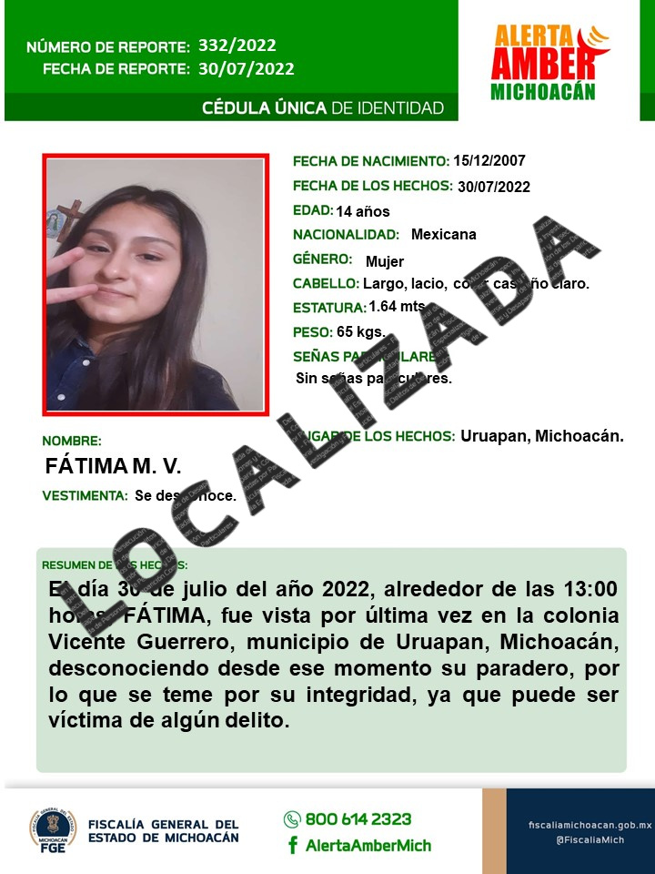 Localiza FGE a adolescente reportada como desaparecida en Uruapan