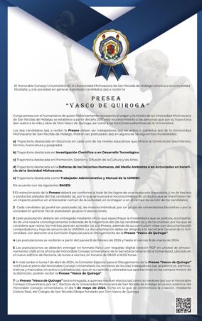 UMSNH abre convocatoria para la Presea “Vasco de Quiroga” 2024