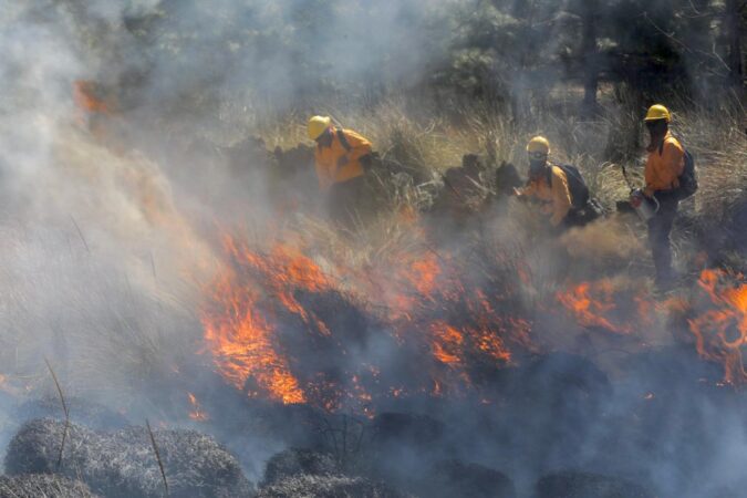 Brigadistas combaten incendio forestal en cerro de la Cruz, en Acutzio