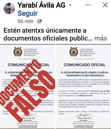 Circula aviso falso en torno a la huelga en la UMSNH